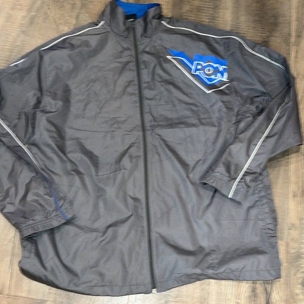 PONY GRAY Windbreaker mens 2xl zip jacket Drawstring hem Pockets blue white pony